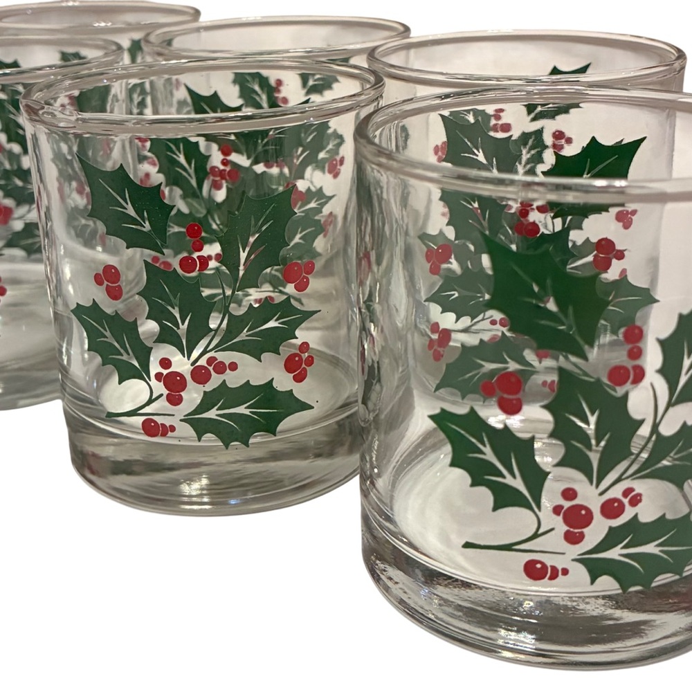 Indiana Glass Co Holly Flat Tumbler Glasses Set of 6 Holiday Drinkware Vintage